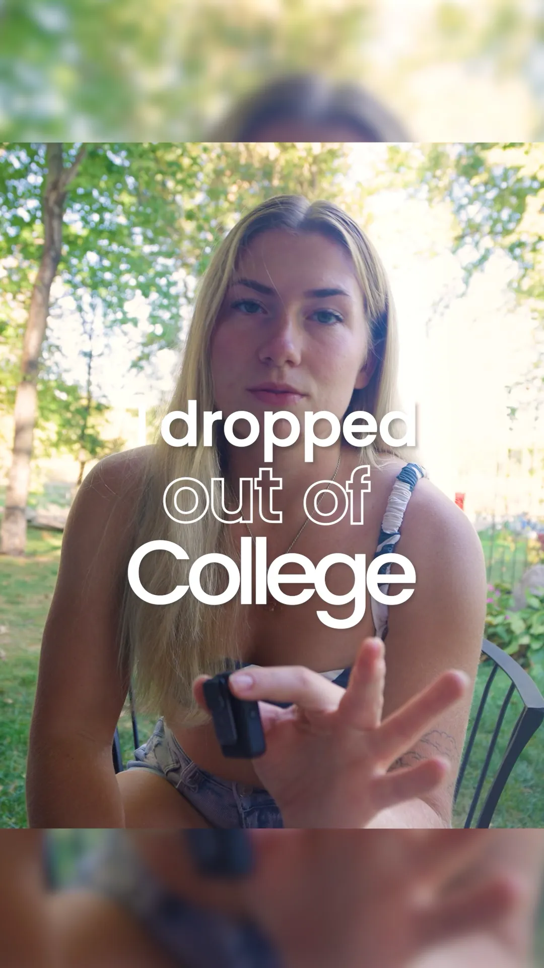 Syd Meyer holds a DJI Mic with overlay text "I dropped out of college."