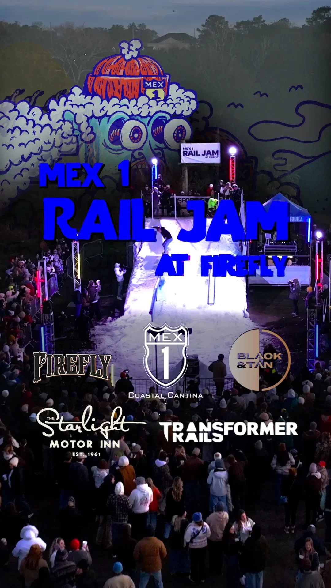 A snow-filled ramp and large crowd is the background with text that reads "Mex1 Rail Jam at Firefly"